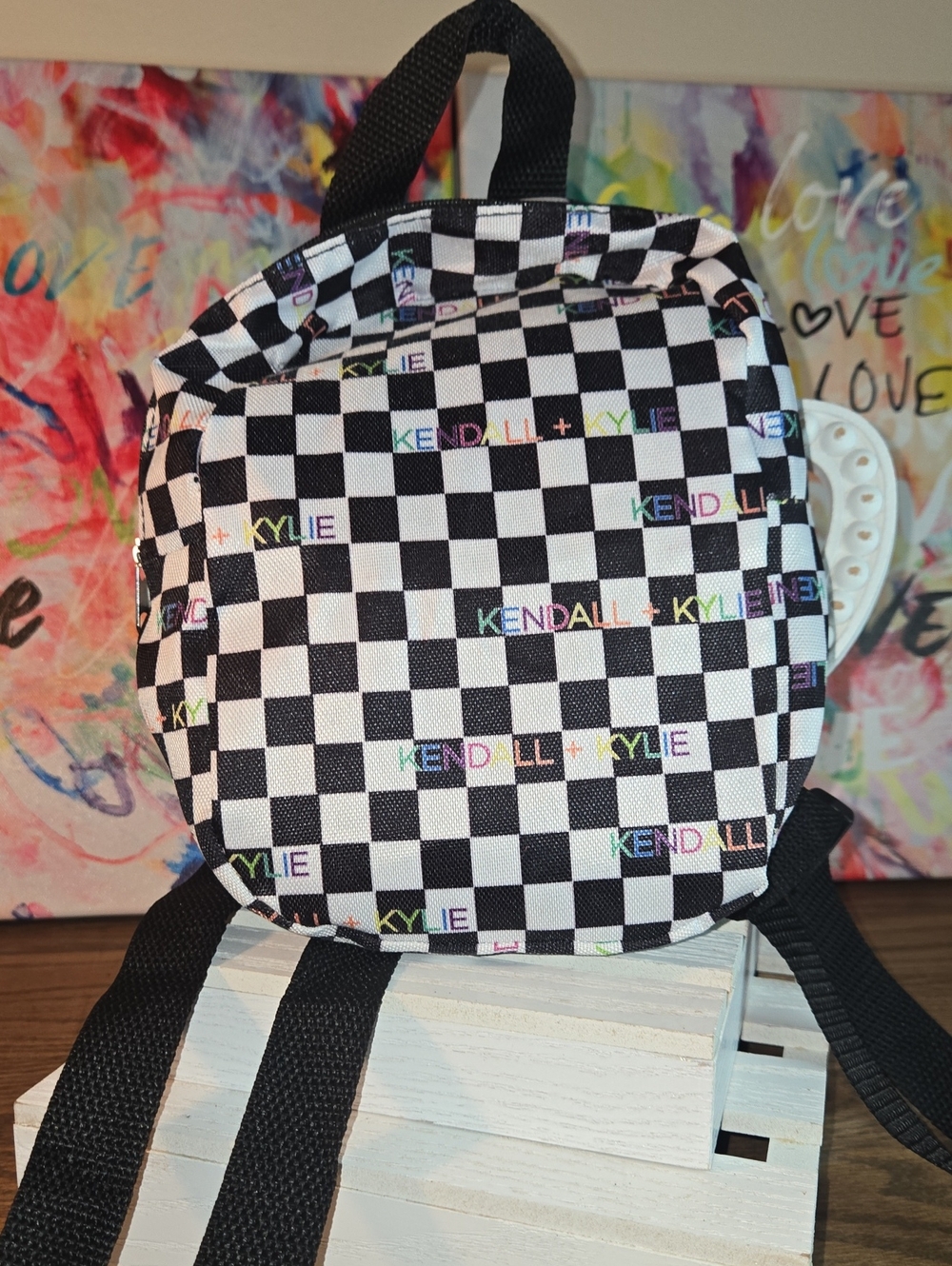 Kendall & Kylie Black White Checkerboard Mini Backpack with Multicolor Logo